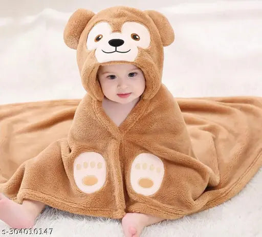 Beige microfiber hooded baby blanket with monkey design, soft and gentle for newborns, multi-useful as bath blanket