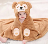 Beige microfiber hooded baby blanket with monkey design, soft and gentle for newborns, multi-useful as bath blanket