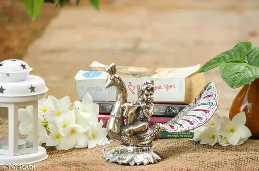 Silver oxide Krishna Idol figurine, Stylish Idols Laddu Gopal on Peacock, 18.5x8.5x14cm decorative murti for home pooja room or table