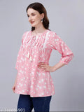 Pink Cotton Viscose Floral Tunic Top, Fbella Women's style with V-neck and lace detail, loose fit, three-quarter sleeves, perfect for any occasion, India origin