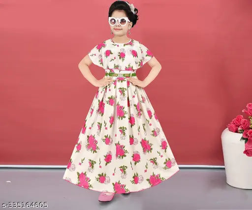 Cotton blend printed net frock gown for girls, short sleeves, pink and blue colors, 3-4 years size