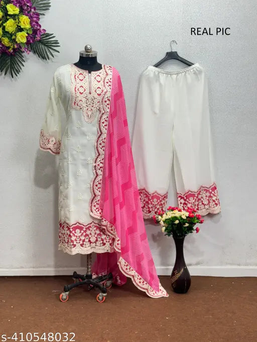 Heavy Faux Georgette Pakistan Suit - New Designer, long-sleeved kurta with dupatta and palazzos, embroidered, free size (waist 42in, length 40in), India origin