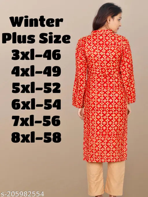 Women's plus-size winter wear woolen kurta (3xl-8xl), three-quarter sleeves, printed combo, available in sizes XXXL to 8XL (Bust Size: 46in - 58in, Length: 45in). Indian-made