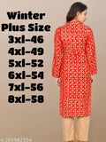 Women's plus-size winter wear woolen kurta (3xl-8xl), three-quarter sleeves, printed combo, available in sizes XXXL to 8XL (Bust Size: 46in - 58in, Length: 45in). Indian-made