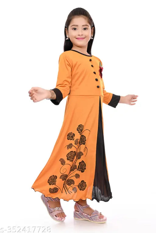 Acrylic three-quarter sleeve printed net kids gown for special occasions, showcasing elegant design details. Perfect fit for ages 2-5 years. Indian origin