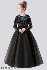 Girls' sequin work long length gown dress, embroidered net material, available in multiple sizes for ages 3-16. Indian-made sequined formal gown for special occasions
