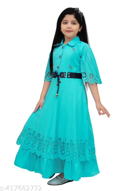Acrylic three-quarter sleeve party dress for girls, solid pattern, various sizes from 3-4 to 13-14 years, Indian origin