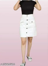White denim solid mini skirt, size options include 26, 28, and 30 inches