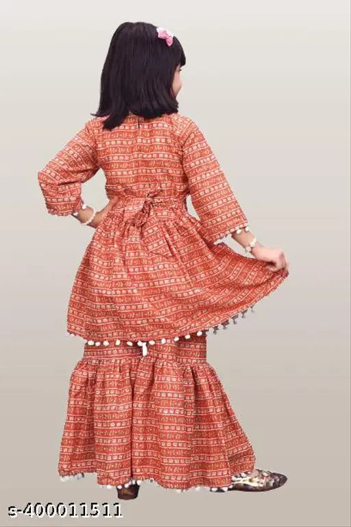 Festive collection red sharara and kurta set for girl, cotton anarkali top with three-quarter sleeves and dhoti pants, printed pattern, 12-18 months size (top length 19in, bottom length 19in), India origin