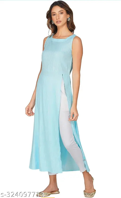 Linen-cotton lurex sleeveless kurta with side slit, vibrant Indian traditional party wear for women S-XXXL