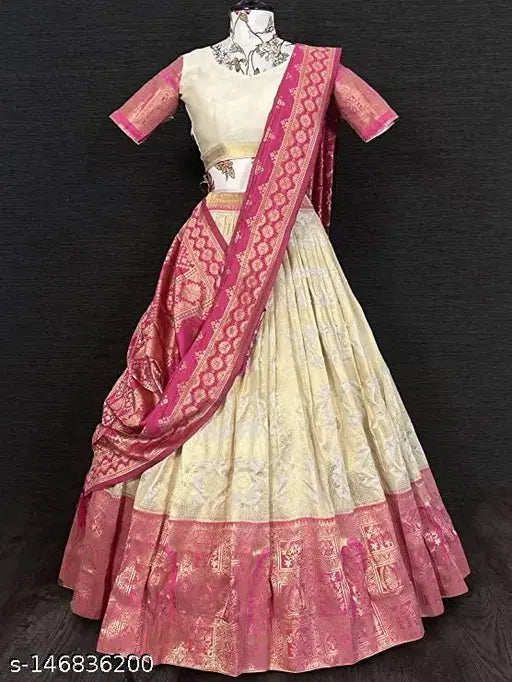 Traditional Art Silk Lehenga Choli and Dupatta with ethnic motifs, embroidered in Lichi Silk and Banarasi Silk. Unstitched, ready to ship, best quality fabric from India