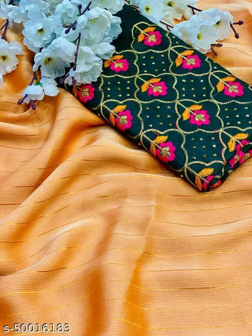 Chiffon saree with zari lining and embroidered blouse, Indian Banarasi silk and embroidered net