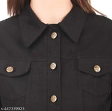 Casual fit black cotton blend women's jacket, solid design in long sleeves style, size S for bust 36in, length 18in, waist 32in, hip 32in, shoulder 28in. Made in India