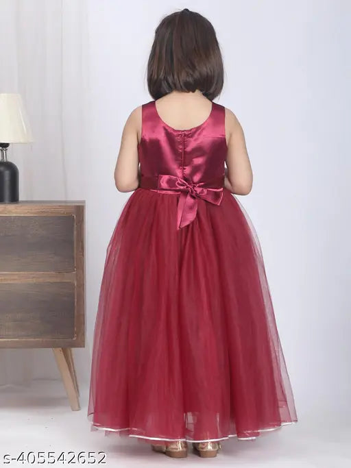 Maroon net embellished party gown for kids, toy balloon design on sleeveless dress, size 1-12 years