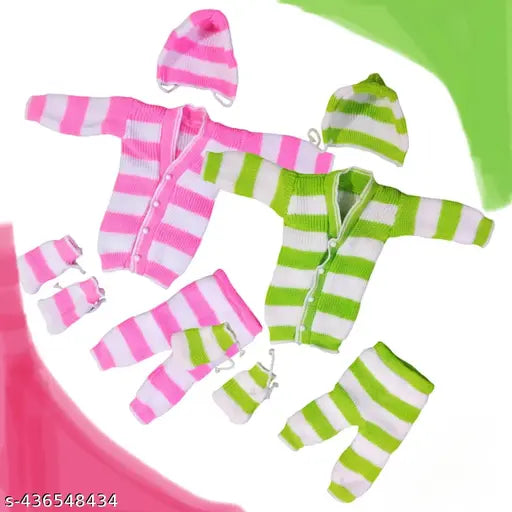 Striped wool winter set: 4pc (pajama, shirt, cap, shocks) for cute babies, warm clothes for baby winterwear in 0-3M size, India