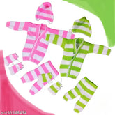Striped wool winter set: 4pc (pajama, shirt, cap, shocks) for cute babies, warm clothes for baby winterwear in 0-3M size, India