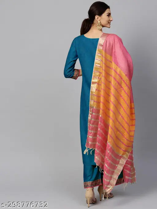 Cotton kurti Plazzo and dupatta set for women, printed combo cotton blend three-quarter sleeves, Indian fashion wear on mannequin
