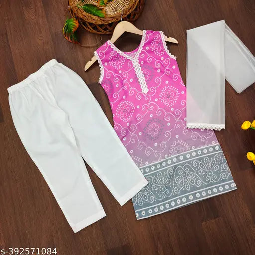 Ethnic Bandhni Print Cotton Kurta Pant Set with Dupatta, vibrant Indian attire for girls aged 6-14 years