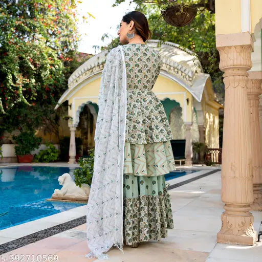 Cotton Anarkali Sharara Set with Printed Dupatta and Bottomwear, Indian Women's Fashion in Pack of 3 - Sizes: S, M, L, XL, XXL