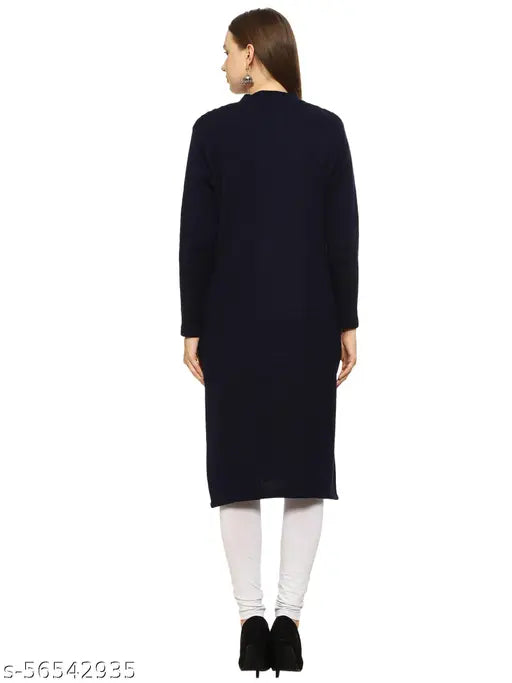 Navy blue embroidered woolen kurti, long sleeve, traditional Indian embroidery pattern. XL size (42 in)