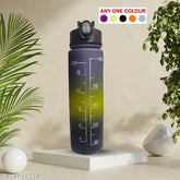 Multicolor motivational Scepto water bottle, BPA-free sport bottle with time marker & removable strainer, ideal for fitness and outdoor activities