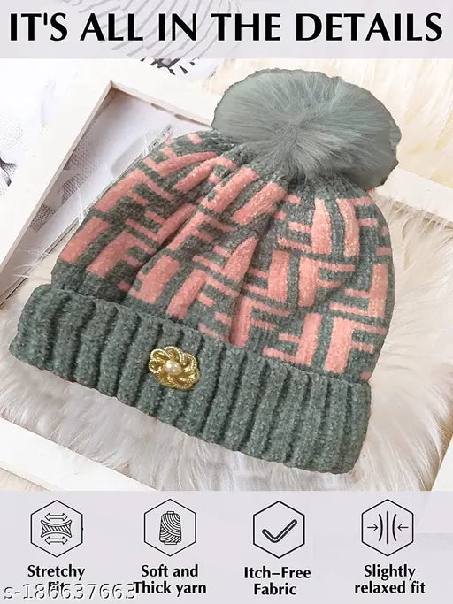 Grey striped woolen knitted cap with fur inside for women & girls. Soft, warm, and stylish winter accessory