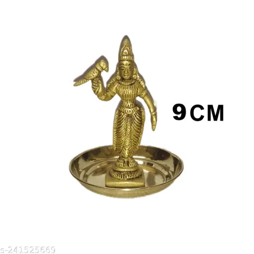 Handcrafted brass antique Madurai Meenakshi Idol, 9cm tall decorative showpiece with plate, Indian origin