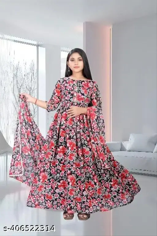 Georgette printed cotton blend frock with three-quarter sleeves, floral design for summer fashion on model