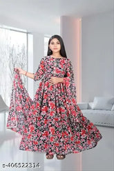 Georgette printed cotton blend frock with three-quarter sleeves, floral design for summer fashion on model