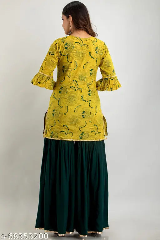 Rayon printed net kurta sharara set with three-quarter sleeves, Indian ethnic wear for women