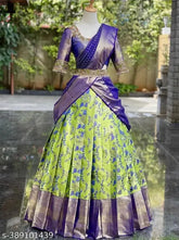Traditional silk blend lehenga choli and dupatta for girls, solid color with floral stitch, three-quarter sleeves, unstitched, free size (44in waist, 44in length), Indian ethnic wear for kids