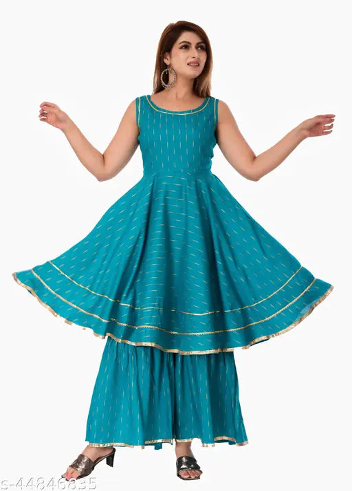 Blue Rayon flared Kurta Sharara set, printed gold design on women's stylish traditional wear from Clothy N Wave