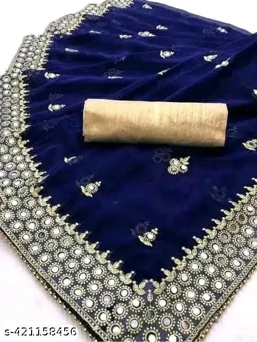 Heavy Design Round Mirror Work Georgette Saree with separate dupion silk blouse, embellished Indian saree for women featuring mirror work and new trending embroidery