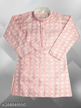 Embroidered cotton blend kurta for kids boys, long sleeves with net pattern, 8-11 years, Indian traditional clothing