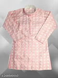 Embroidered cotton blend kurta for kids boys, long sleeves with net pattern, 8-11 years, Indian traditional clothing