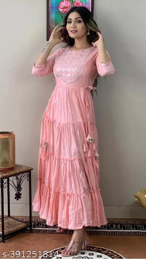 Embroidered lurex cotton long kurti for women - comfortable, trendy, affordable, solid-patterned in three-quarter sleeves