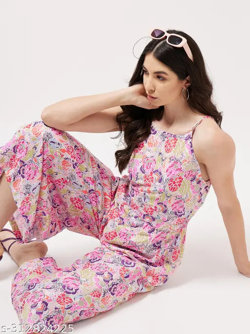 Multicolor digital printed Pannkh jumpsuit, vibrant floral pattern on sleeveless polyester suit, women's fashion for casual events, India origin