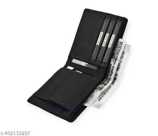 Men's formal travel black faux leather bifold wallet - 6 card slots, premium quality craftsmanship for evening/party events, leatherette, free size (11cm x 9cm)