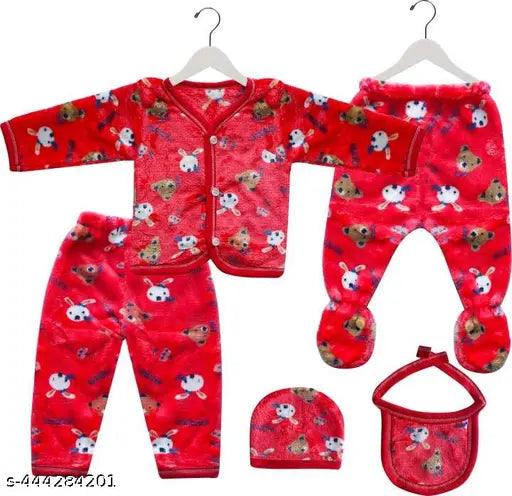 Newborn wool winter dress combo (5pc), printed pattern, high-quality Indian fleece material, suitable for 0-3 months