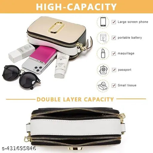 Gold PU sling bag, affordable luxury designer dupe, crossbody for women and girls, stylish black box design