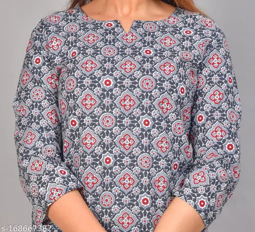 Grey cotton printed top & pyjama set, premium pure cotton sleepwear for women, limited edition, three-quarter sleeve pattern