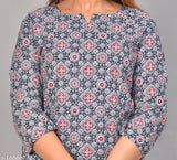 Grey cotton printed top & pyjama set, premium pure cotton sleepwear for women, limited edition, three-quarter sleeve pattern