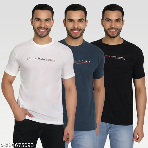 Cotton blend men's round white t-shirt pack 3 with typography print, soft and durable fabric for everyday wear, India origin