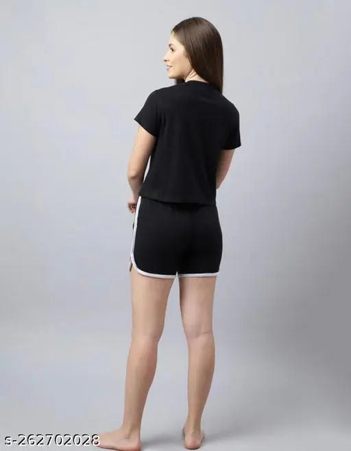 Black cotton blend BTS night suit set with printed net pattern, featuring short sleeve t-shirt and shorts. Available sizes: XS, S, M, L, XL (India origin)