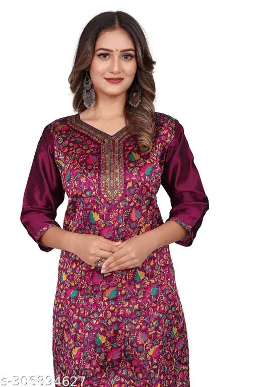 Purple Pashmina embroidered floral print straight kurti with three-quarter sleeves, perfect for Indian festivals or Raksha Bandhan gifting