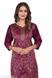 Purple Pashmina embroidered floral print straight kurti with three-quarter sleeves, perfect for Indian festivals or Raksha Bandhan gifting