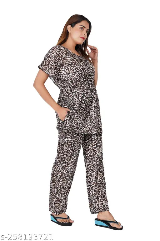 Satin kaftan night suit with pocketed pyjamas, printed design, comfortable for sleepwear or loungewear