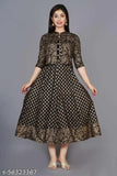 Black printed rayon Anarkali kurta with jacket, three-quarter sleeves, women's ethnic wear from India