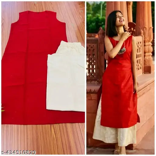 Red rayon kurta set with off-white palazzo bottoms, two pieces, casual daily wear for women by Vani Apparels