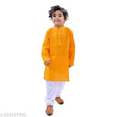Yellow cotton blend full sleeves plain kurta for kids, Trender ethnic wear on model, solid color, suitable for 5-6 years